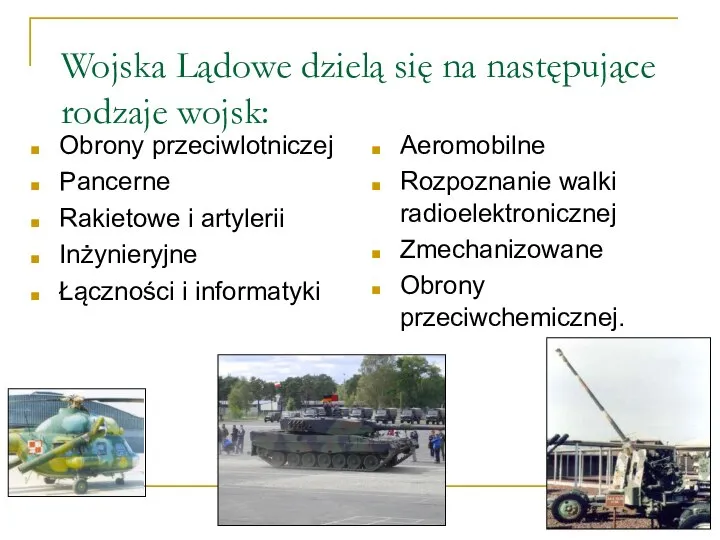 Wojska Lądowe dzielą się na następujące rodzaje wojsk: Obrony przeciwlotniczej Pancerne