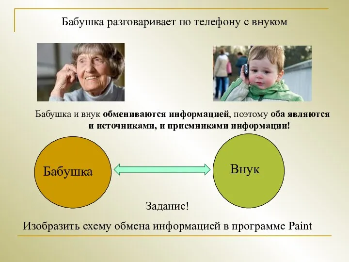 Бабушка разговаривает по телефону с внуком Бабушка и внук обмениваются информацией,