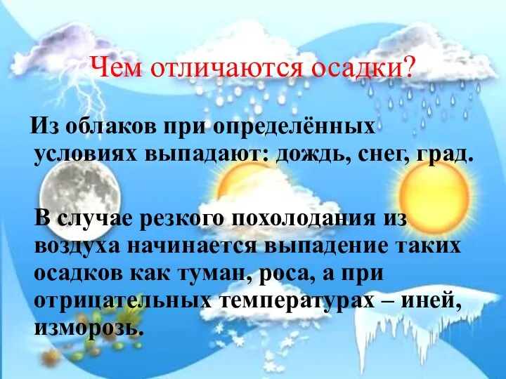 Чем отличаются осадки? Из облаков при определённых условиях выпадают: дождь, снег,