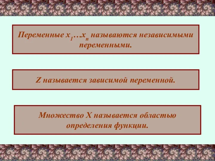 Переменные х1…хn называются независимыми переменными. Z называется зависимой переменной. Множество Х называется областью определения функции.