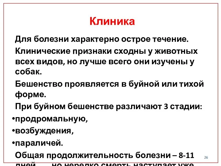 Для болезни характерно острое течение. Клинические признаки сходны у животных всех