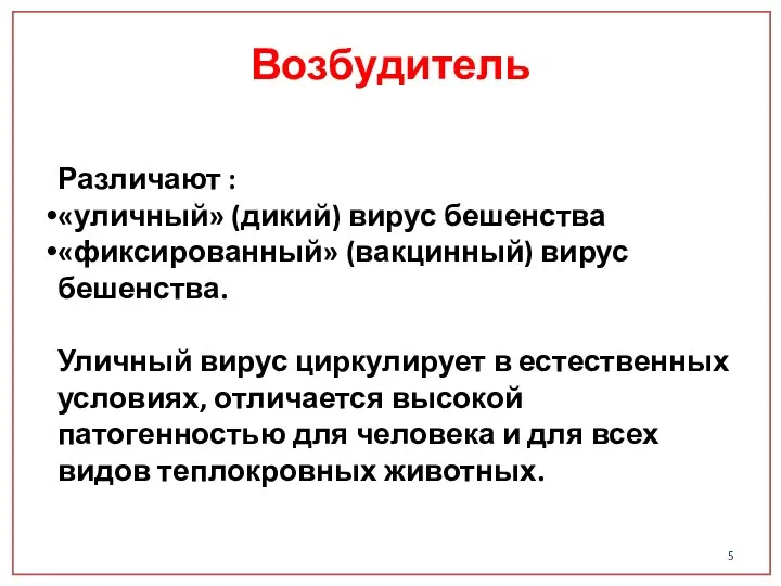 Различают : «уличный» (дикий) вирус бешенства «фиксированный» (вакцинный) вирус бешенства. Уличный