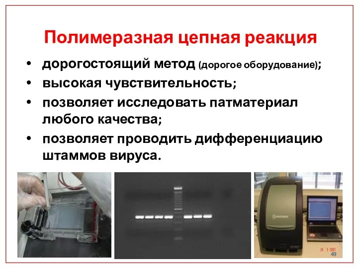 Полимеразная цепная реакция дорогостоящий метод (дорогое оборудование); высокая чувствительность; позволяет исследовать