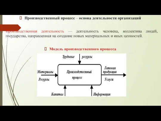 Производственный процесс – основа деятельности организаций Производственная деятельность — деятельность человека,