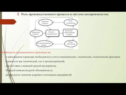 Роль производственного процесса в системе воспроизводства Особенности промышленного производства: - в
