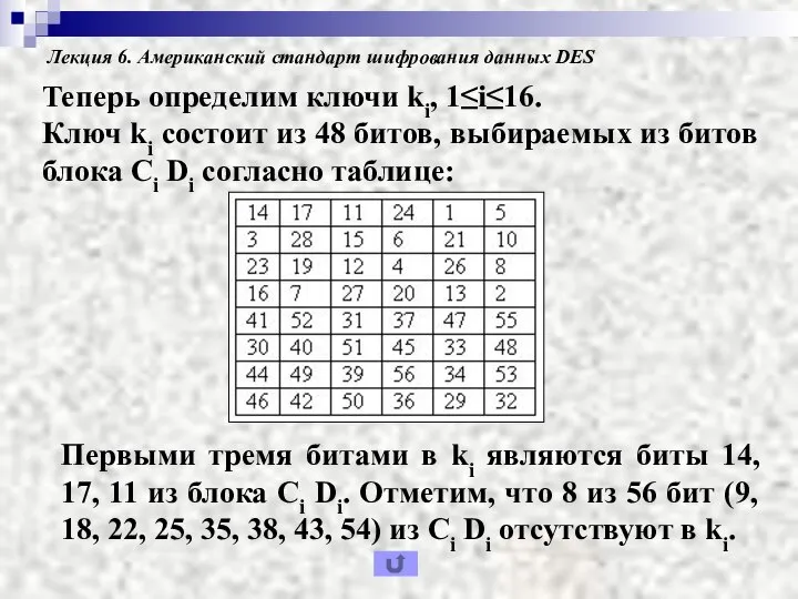 Лекция 6. Американский стандарт шифрования данных DES Теперь определим ключи ki,