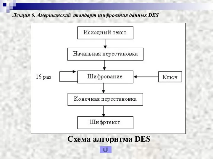 Лекция 6. Американский стандарт шифрования данных DES Схема алгоритма DES
