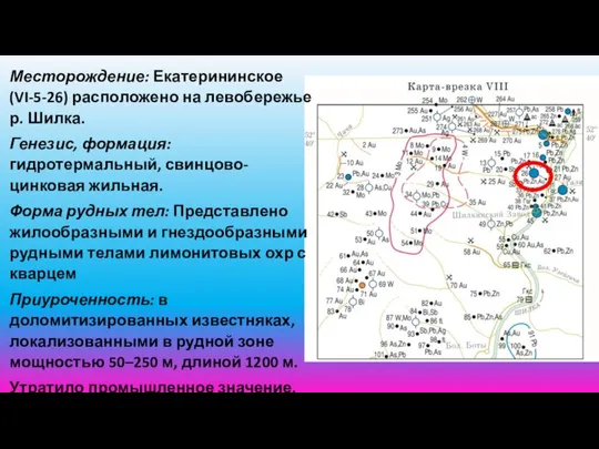 Месторождение: Екатерининское (VI-5-26) расположено на левобережье р. Шилка. Генезис, формация: гидротермальный,