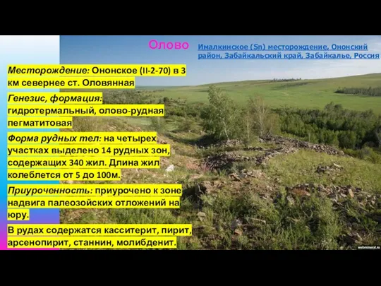 Месторождение: Ононское (II-2-70) в 3 км севернее ст. Оловянная Генезис, формация: