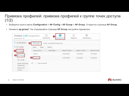 Привязка профилей: привязка профилей к группе точек доступа (1/2) Выберите пункты