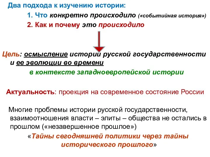 Два подхода к изучению истории: 1. Что конкретно происходило («событийная история»)