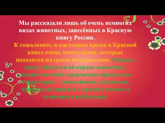 Мы рассказали лишь об очень немногих видах животных, занесённых в Красную