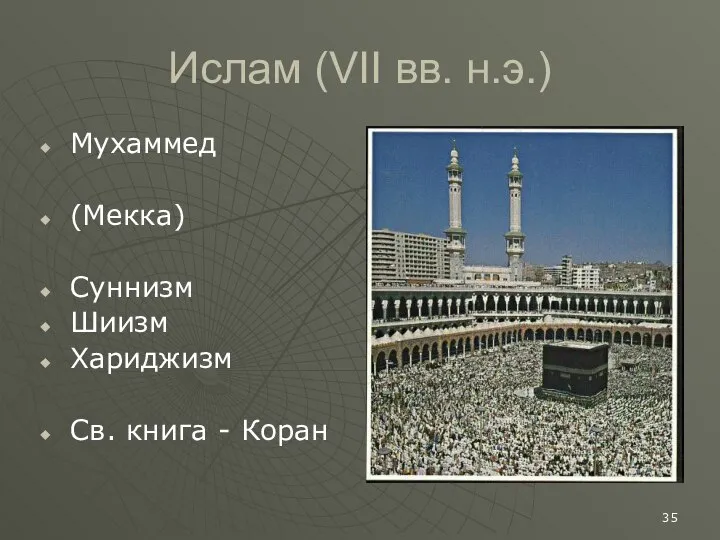 Ислам (VII вв. н.э.) Мухаммед (Мекка) Суннизм Шиизм Хариджизм Св. книга - Коран