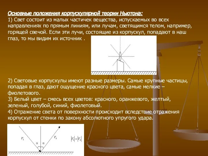 Основные положения корпускулярной теории Ньютона: 1) Свет состоит из малых частичек