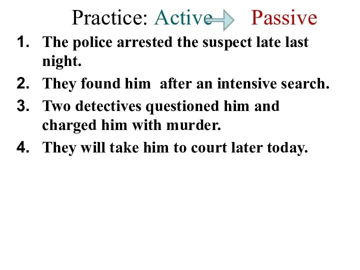 Practice: Active Passive The police arrested the suspect late last night.