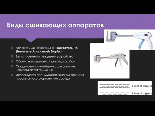 Виды сшивающих аппаратов Аппараты линейного шва - сшиватель TIA (Transverse Anastomosis