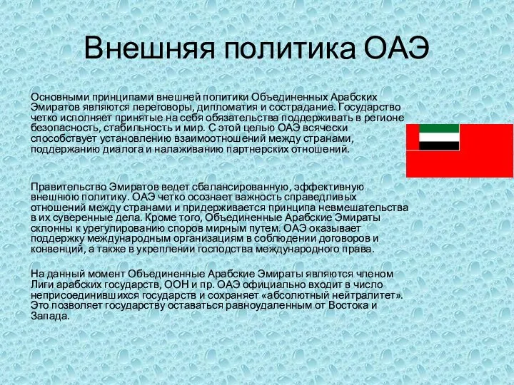 Внешняя политика ОАЭ Основными принципами внешней политики Объединенных Арабских Эмиратов являются