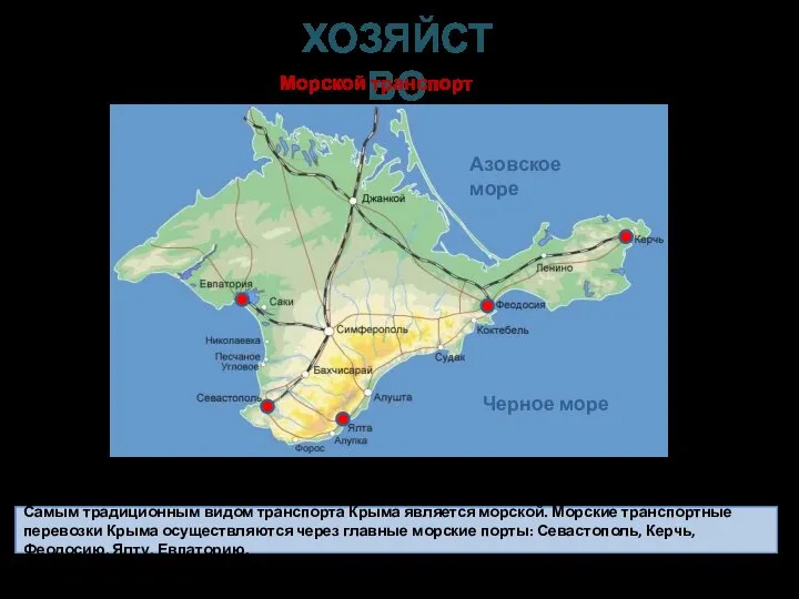 Самым традиционным видом транспорта Крыма является морской. Морские транспортные перевозки Крыма