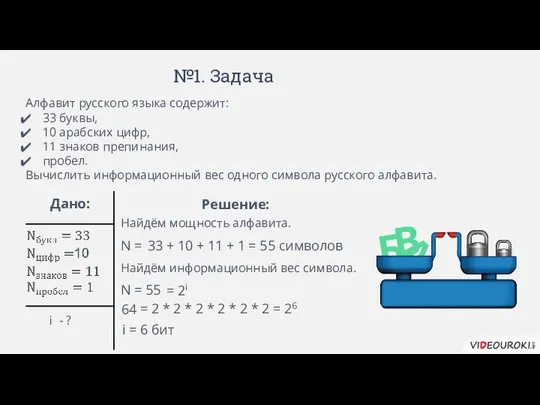 №1. Задача Алфавит русского языка содержит: 33 буквы, 10 арабских цифр,