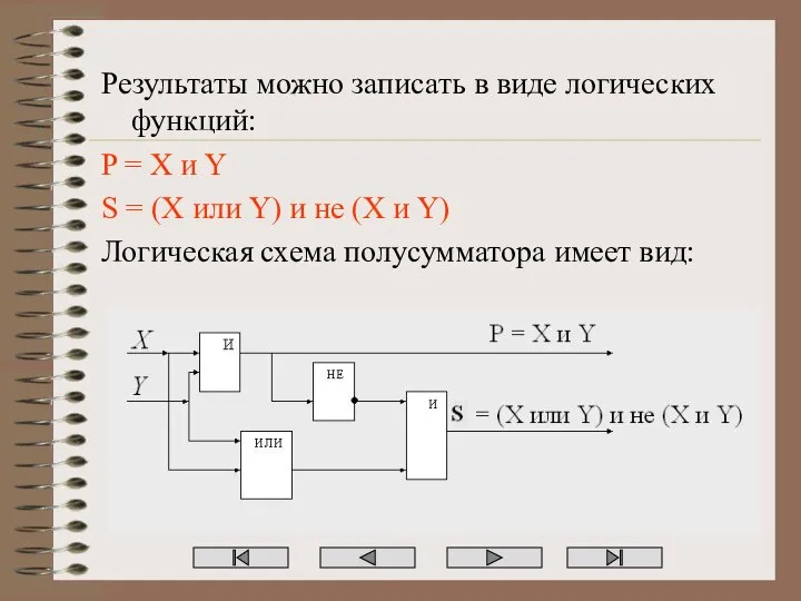 Результаты можно записать в виде логических функций: P = X и