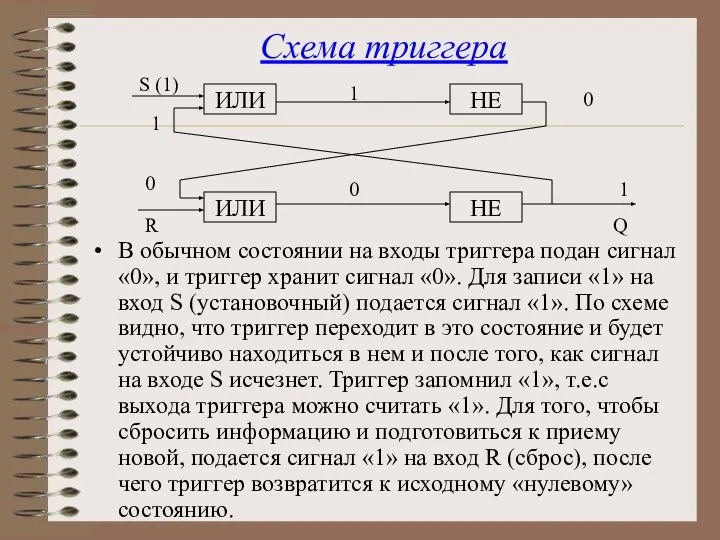 Схема триггера В обычном состоянии на входы триггера подан сигнал «0»,