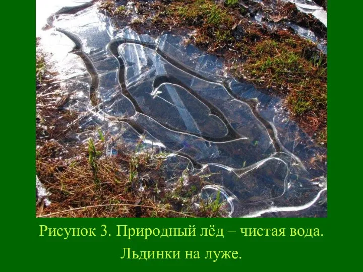 Рисунок 3. Природный лёд – чистая вода. Льдинки на луже.