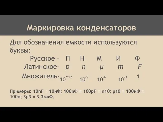 Маркировка конденсаторов Для обозначения емкости используются буквы: Русское – П Н