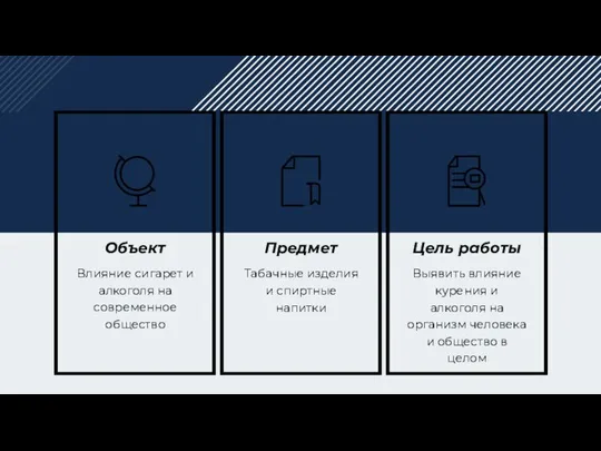 Объект Влияние сигарет и алкоголя на современное общество Предмет Табачные изделия