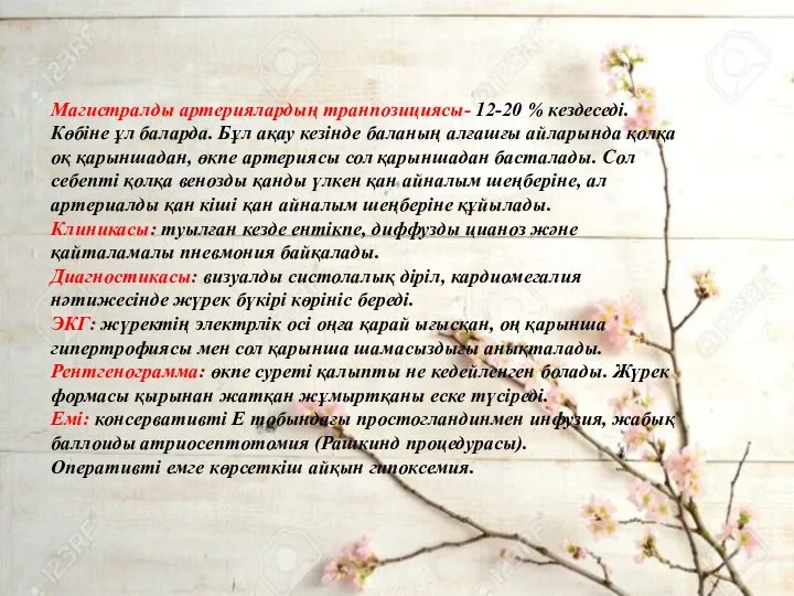 Магистралды артериялардың транпозициясы- 12-20 % кездеседі. Көбіне ұл баларда. Бұл ақау