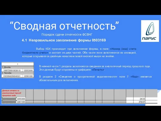 “Сводная отчетность” 4.1 Неправильное заполнение формы 0503169 Выбор КБК происходит при