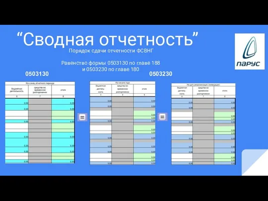 “Сводная отчетность” 0503130 0503230 Порядок сдачи отчетности ФСВНГ Равенство формы 0503130