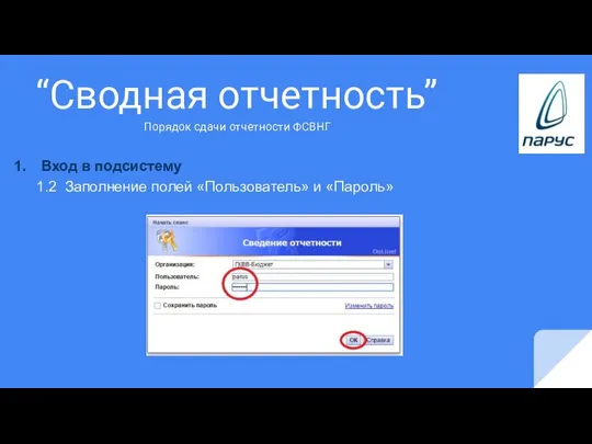 “Сводная отчетность” Вход в подсистему 1.2 Заполнение полей «Пользователь» и «Пароль» Порядок сдачи отчетности ФСВНГ