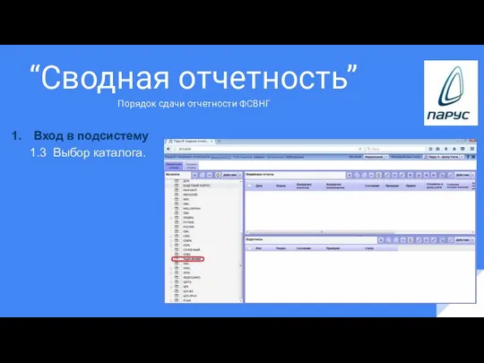 “Сводная отчетность” Вход в подсистему 1.3 Выбор каталога. Порядок сдачи отчетности ФСВНГ