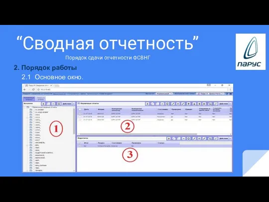 “Сводная отчетность” 2. Порядок работы 2.1 Основное окно. Порядок сдачи отчетности ФСВНГ