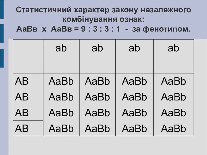 Статистичний характер закону незалежного комбінування ознак: АаВв х АаВв = 9