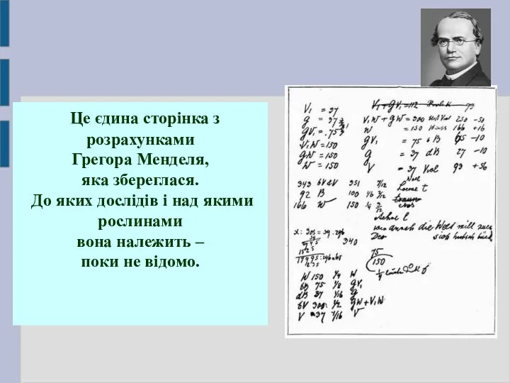 Це єдина сторінка з розрахунками Грегора Менделя, яка збереглася. До яких