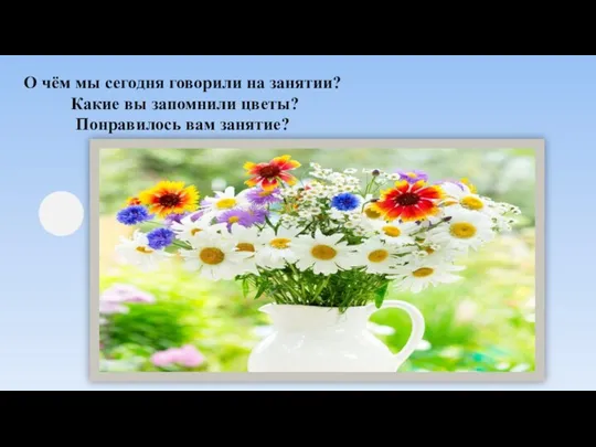 О чём мы сегодня говорили на занятии? Какие вы запомнили цветы? Понравилось вам занятие?