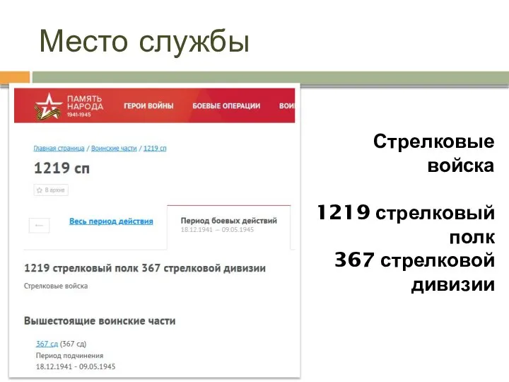 Место службы Стрелковые войска 1219 стрелковый полк 367 стрелковой дивизии