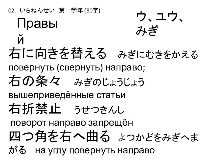 Правый ウ、ユウ、 みぎ 右に向きを替える みぎにむきをかえるповернуть (свернуть) направо; 右の条々 みぎのじょうじょうвышеприведённые статьи 右折禁止