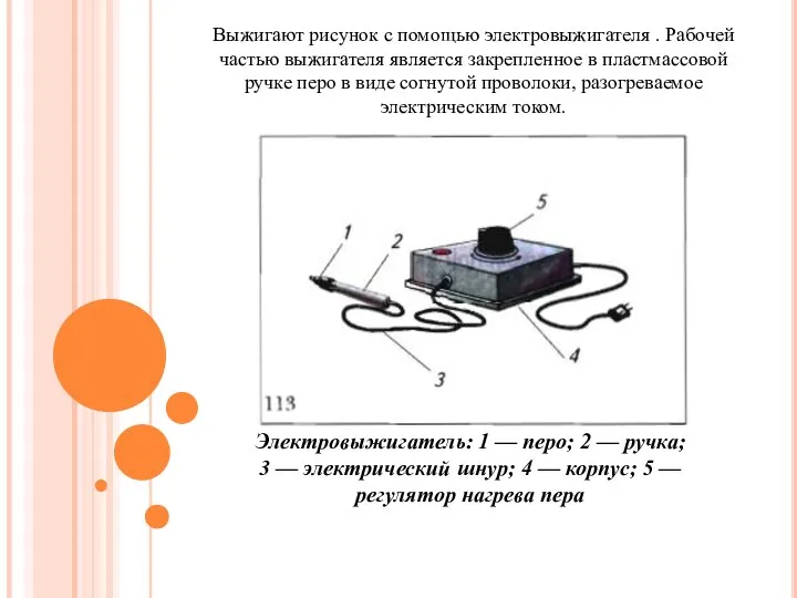 Выжигают рисунок с помощью электровыжигателя . Рабочей частью выжигателя является закрепленное