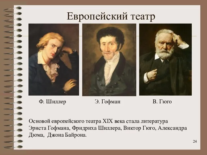 Европейский театр Ф. Шиллер Э. Гофман В. Гюго Основой европейского театра