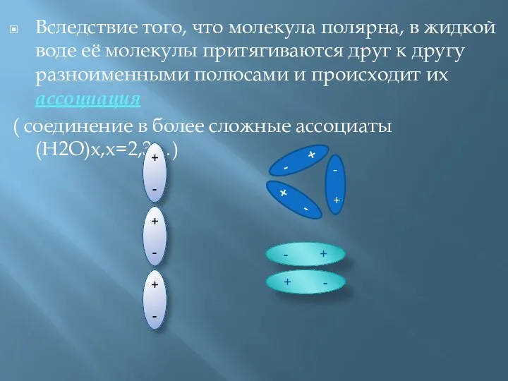 Вследствие того, что молекула полярна, в жидкой воде её молекулы притягиваются