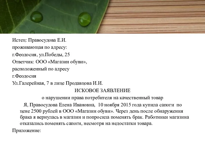 Истец: Правосудова Е.И. проживающая по адресу: г.Феодосия, ул.Победы, 25 Ответчик: ООО