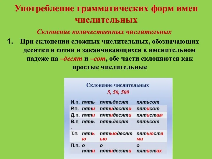 Употребление грамматических форм имен числительных Склонение количественных числительных При склонении сложных