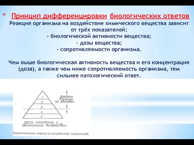 Принцип дифференцировки биологических ответов Реакция организма на воздействие химического вещества зависит