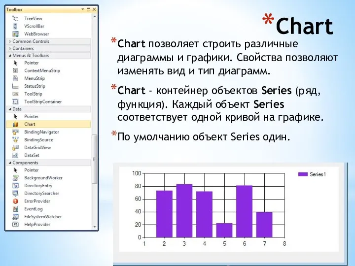 Chart Chart позволяет строить различные диаграммы и графики. Свойства позволяют изменять