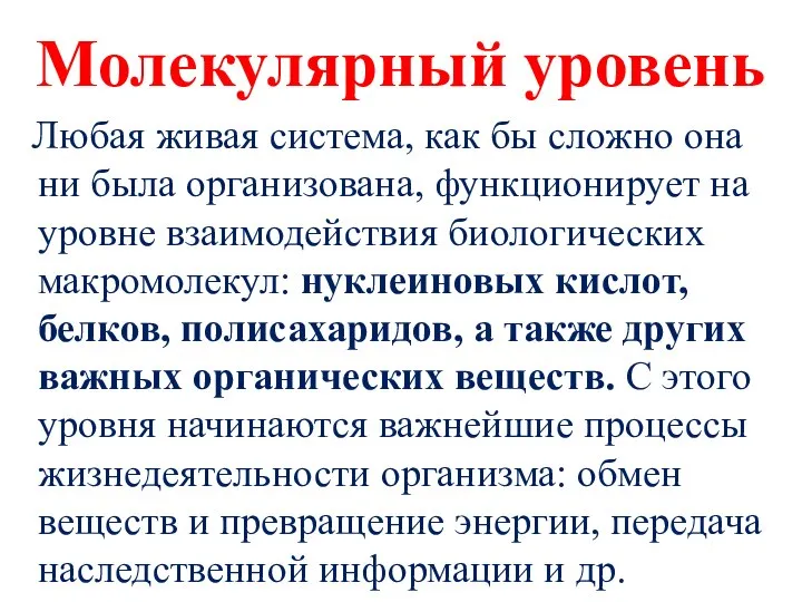 Молекулярный уровень Любая живая система, как бы сложно она ни была