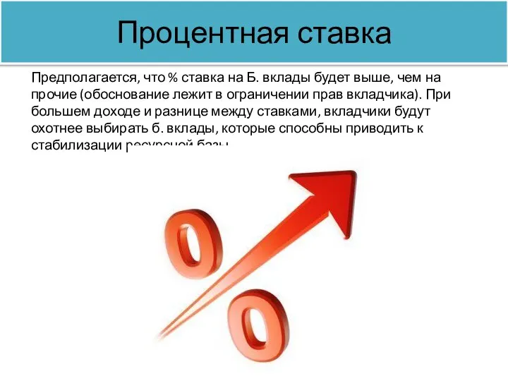 Процентная ставка Предполагается, что % ставка на Б. вклады будет выше,