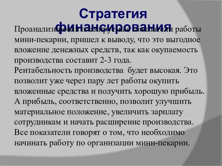 Стратегия финансирования Проанализировав планируемые показатели работы мини-пекарни, пришел к выводу, что