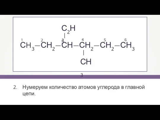 СH3—СН2—СН—СН2—СН2—СН3 1 2 3 4 5 6 Нумеруем количество атомов углерода в главной цепи.